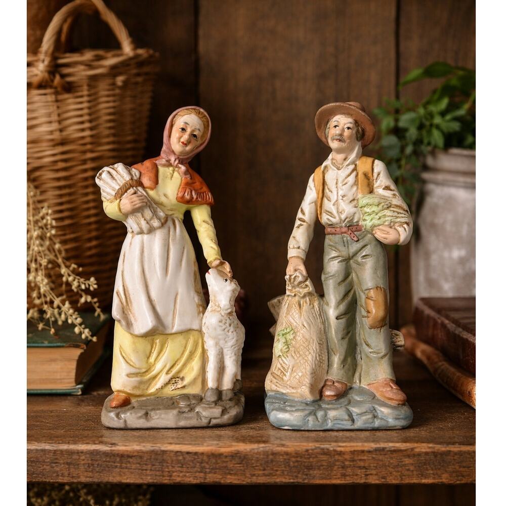 Vintage Flambro Country 8" Couple Figurines Set Farmer Woman Rustic Decor